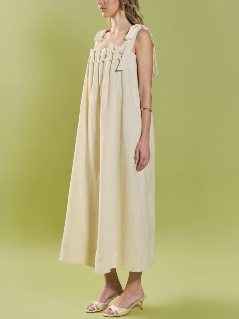 Endless Rose Anthropologie Pearl Tie Strap Linen Midi Dress in Natural Ivory - Picture 8 of 13